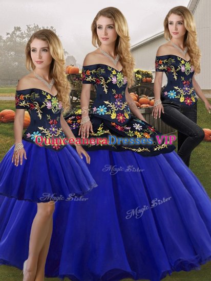 Artistic Royal Blue Off The Shoulder Neckline Embroidery Vestidos de Quinceanera Sleeveless Lace Up - Click Image to Close