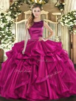 Fuchsia Ball Gowns Scoop Sleeveless Organza Floor Length Lace Up Ruffles Sweet 16 Dresses
