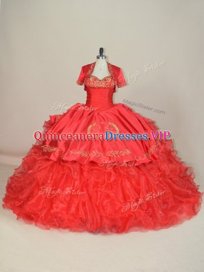 Colorful Red Sleeveless Brush Train Embroidery and Ruffles Sweet 16 Dress - Click Image to Close