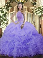 On Sale Ball Gowns Ball Gown Prom Dress Lavender High-neck Organza Sleeveless Floor Length Lace Up(SKU SJQDDT1450002-2BIZ)