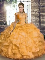 Dazzling Off The Shoulder Sleeveless Lace Up Quinceanera Dresses Gold Organza
