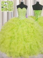 Romantic Visible Boning Yellow Green Lace Up Sweetheart Beading and Ruffles Vestidos de Quinceanera Organza Sleeveless