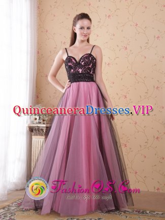 Appliques Rose Pink Floor-length Tulle A-Line / Princess Spaghetti Straps Quinceanera Dama Dress For Spring in Bergen Norway