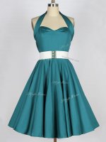 Vintage Knee Length Teal Quinceanera Dama Dress Taffeta Sleeveless Belt