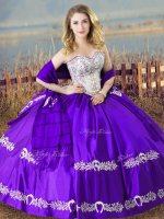 Sweetheart Sleeveless Vestidos de Quinceanera Floor Length Beading and Embroidery Eggplant Purple Satin