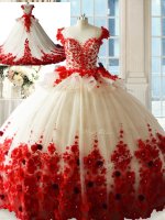High Class White And Red Ball Gowns Scoop Sleeveless Tulle Brush Train Zipper Hand Made Flower Sweet 16 Dress(SKU PSSW1145BBIZ)