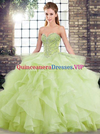 Fabulous Sweetheart Sleeveless Brush Train Lace Up Quinceanera Dress Yellow Green Tulle - Click Image to Close