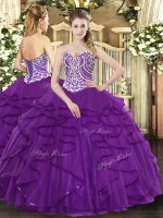 Purple Ball Gowns Tulle Sweetheart Sleeveless Beading and Ruffles Floor Length Lace Up Sweet 16 Quinceanera Dress