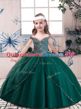 Dark Green Sleeveless Beading Floor Length Little Girl Pageant Gowns