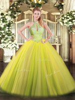 Decent Yellow Green Halter Top Lace Up Sequins Quinceanera Dresses Sleeveless