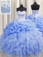 Exquisite Visible Boning Sweetheart Sleeveless 15th Birthday Dress Floor Length Ruffles and Pick Ups Baby Blue Organza