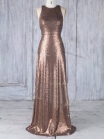Sleeveless Sequined Floor Length Criss Cross Quinceanera Court of Honor Dress in Brown with Appliques