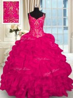 Most Popular Hot Pink Sleeveless Brush Train Beading and Embroidery and Ruffles 15th Birthday Dress