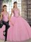 Pink Two Pieces Embroidery Sweet 16 Dresses Lace Up Tulle Sleeveless Floor Length