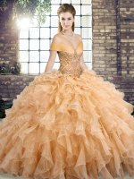 Gold Lace Up 15 Quinceanera Dress Beading and Ruffles Sleeveless Brush Train(SKU SJQDDT2091002-8BIZ)