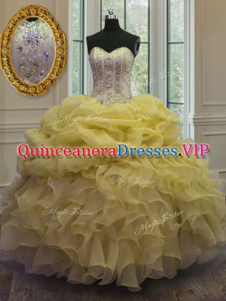 Comfortable Beading and Ruffles and Pick Ups Quinceanera Dress Gold Lace Up Sleeveless Floor Length