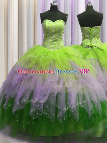 Modest Visible Boning Multi-color Sweetheart Lace Up Beading and Ruffles and Sequins Sweet 16 Quinceanera Dress Sleeveless - Click Image to Close