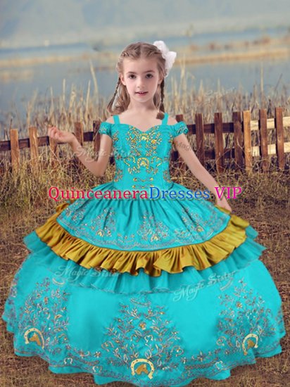Sleeveless Floor Length Beading and Embroidery Lace Up Kids Formal Wear with Aqua Blue - Click Image to Close