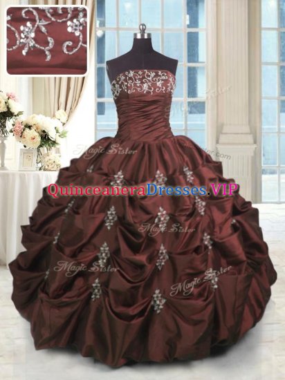 Fashionable Burgundy Taffeta Lace Up Strapless Sleeveless Floor Length 15 Quinceanera Dress Beading and Appliques and Embroidery and Pick Ups - Click Image to Close