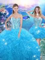 Flirting Baby Blue Ball Gowns Beading and Ruffles Sweet 16 Dresses Lace Up Organza Sleeveless Floor Length