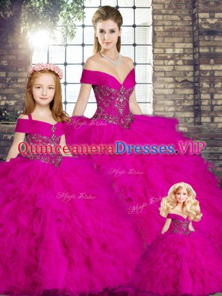 Floor Length Fuchsia Quinceanera Dresses Off The Shoulder Sleeveless Lace Up
