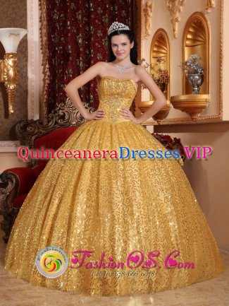 Flowood Mississippi/MS Gold Ball Gown and Appliques Decorate Bodice For Quinceanera Dress by Paillette Over Skirt