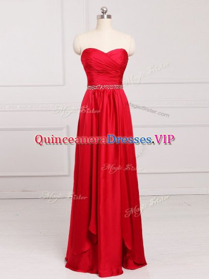 Fine Sleeveless Taffeta Floor Length Zipper Dama Dress in Red with Beading and Belt - Click Image to Close