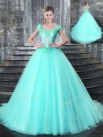 Best Selling Straps Aqua Blue Tulle Lace Up Sweet 16 Dresses Sleeveless With Brush Train Beading and Appliques(SKU YCQD0167-6BIZ)