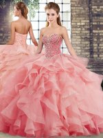 Elegant Brush Train Ball Gowns Sweet 16 Quinceanera Dress Watermelon Red Sweetheart Tulle Sleeveless Lace Up(SKU SJQDDT2123002BIZ)