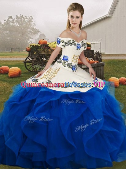 Amazing Royal Blue Lace Up Off The Shoulder Embroidery and Ruffles Sweet 16 Dresses Tulle Sleeveless - Click Image to Close