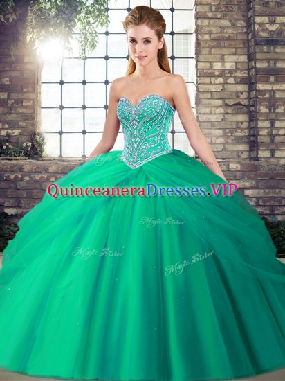 Designer Brush Train Ball Gowns Quinceanera Dresses Turquoise Sweetheart Tulle Sleeveless Lace Up - Click Image to Close