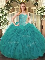 Tulle Sweetheart Sleeveless Lace Up Beading and Ruffles Quinceanera Gowns in Turquoise