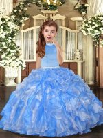 Super Baby Blue Halter Top Neckline Beading and Ruffles Pageant Dress Sleeveless Backless