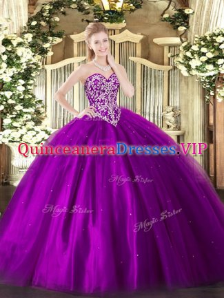 Eggplant Purple Sleeveless Floor Length Beading Lace Up 15th Birthday Dress