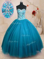 Teal Sleeveless Tulle Lace Up Quinceanera Gown for Military Ball and Sweet 16 and Quinceanera