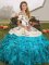 Sleeveless Organza Floor Length Lace Up 15th Birthday Dress in Aqua Blue with Embroidery and Ruffles