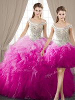 Three Piece Off the Shoulder Sleeveless Floor Length Beading and Ruffles Lace Up Vestidos de Quinceanera with Fuchsia