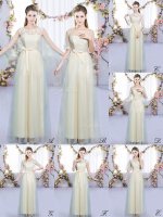 Floor Length Champagne Vestidos de Damas Tulle Sleeveless Lace and Bowknot