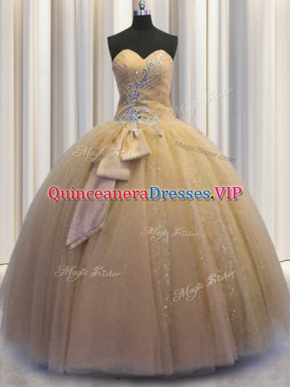 Sweetheart Sleeveless Quinceanera Dress Floor Length Beading and Bowknot Champagne Tulle and Sequined - Click Image to Close