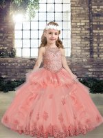 Watermelon Red Ball Gowns Tulle Scoop Sleeveless Beading and Appliques Floor Length Lace Up Little Girls Pageant Gowns