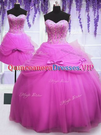 Dramatic Three Piece Beading and Bowknot Sweet 16 Dresses Lilac Lace Up Sleeveless Floor Length