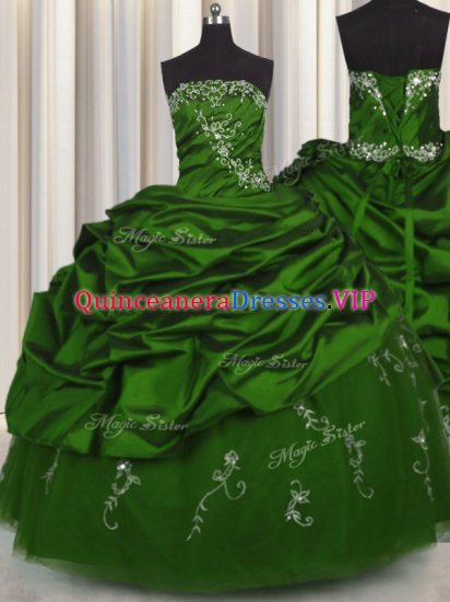 Affordable Embroidery Green Lace Up Strapless Beading and Appliques and Pick Ups 15th Birthday Dress Taffeta Sleeveless - Click Image to Close