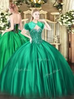 Floor Length Turquoise Ball Gown Prom Dress Satin Sleeveless Beading