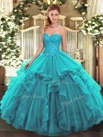High Quality Teal Sweetheart Neckline Beading and Ruffles Vestidos de Quinceanera Sleeveless Lace Up