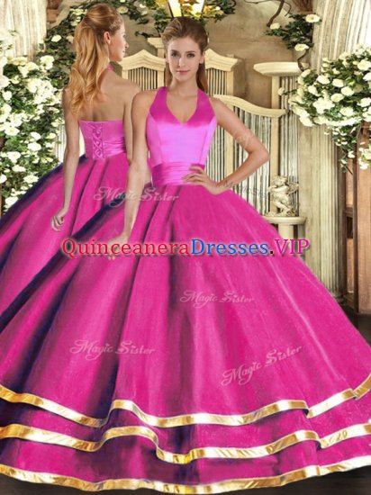 Sleeveless Tulle Floor Length Lace Up Quince Ball Gowns in Fuchsia with Ruffled Layers - Click Image to Close