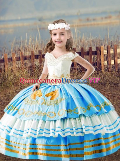 Off The Shoulder Sleeveless High School Pageant Dress Floor Length Embroidery Baby Blue Satin - Click Image to Close