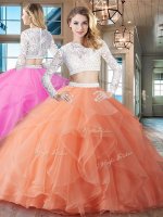 Stylish Orange Two Pieces Scoop Long Sleeves Organza Brush Train Zipper Beading and Lace and Ruffles Quinceanera Dresses(SKU SXQD018BIZ)
