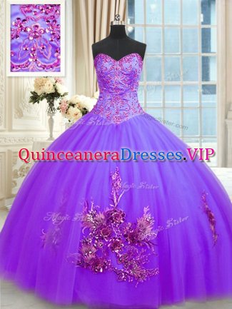 High Class Purple Sleeveless Tulle Lace Up 15 Quinceanera Dress for Military Ball and Sweet 16 and Quinceanera
