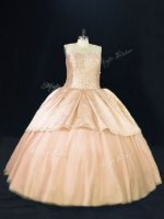 Elegant Peach Lace Up Sweet 16 Dress Beading Sleeveless Floor Length