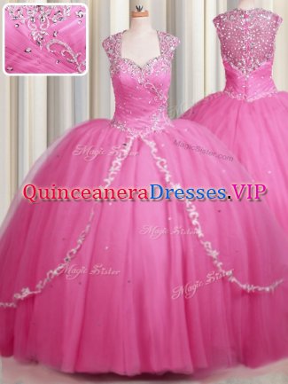 Zipper Up Rose Pink Ball Gowns Tulle Sweetheart Cap Sleeves Beading and Appliques With Train Zipper Military Ball Gowns Brush Train